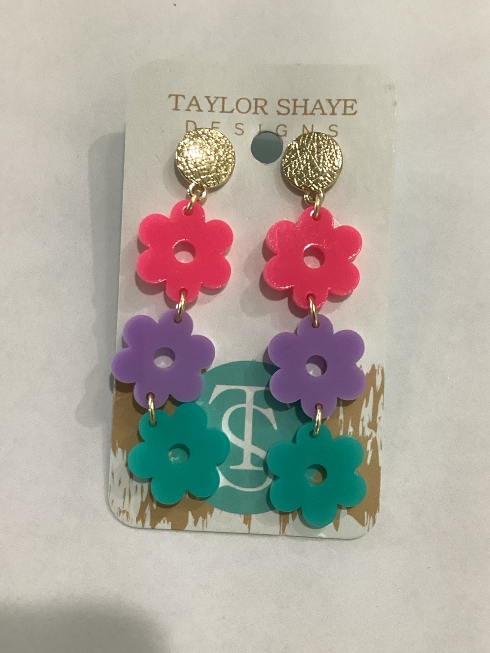 Taylor Shaye Pink Purple Green Flower Drop Earrings